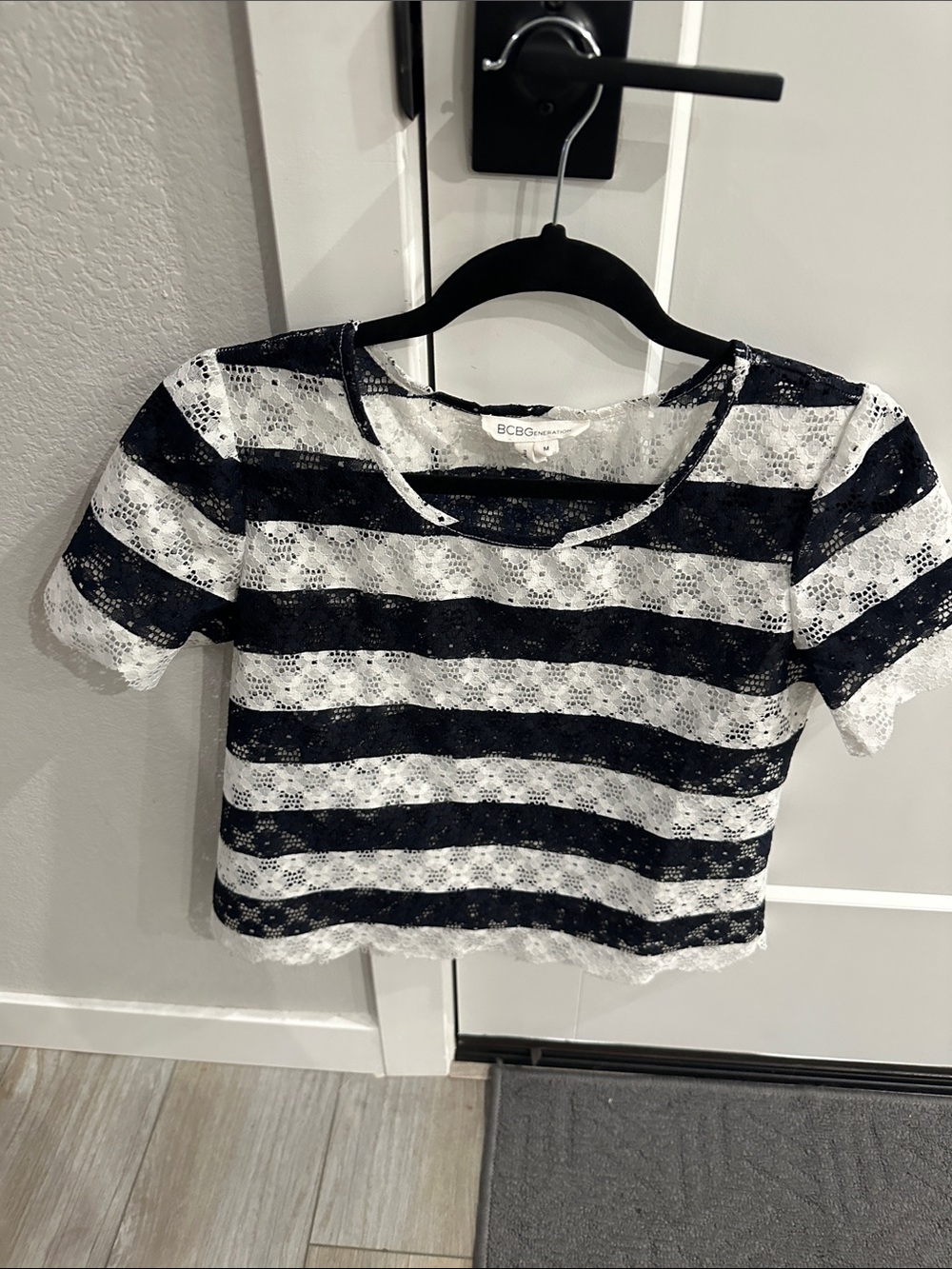 BCBGMaxAzria Navy and White Lace Striped Crop Top